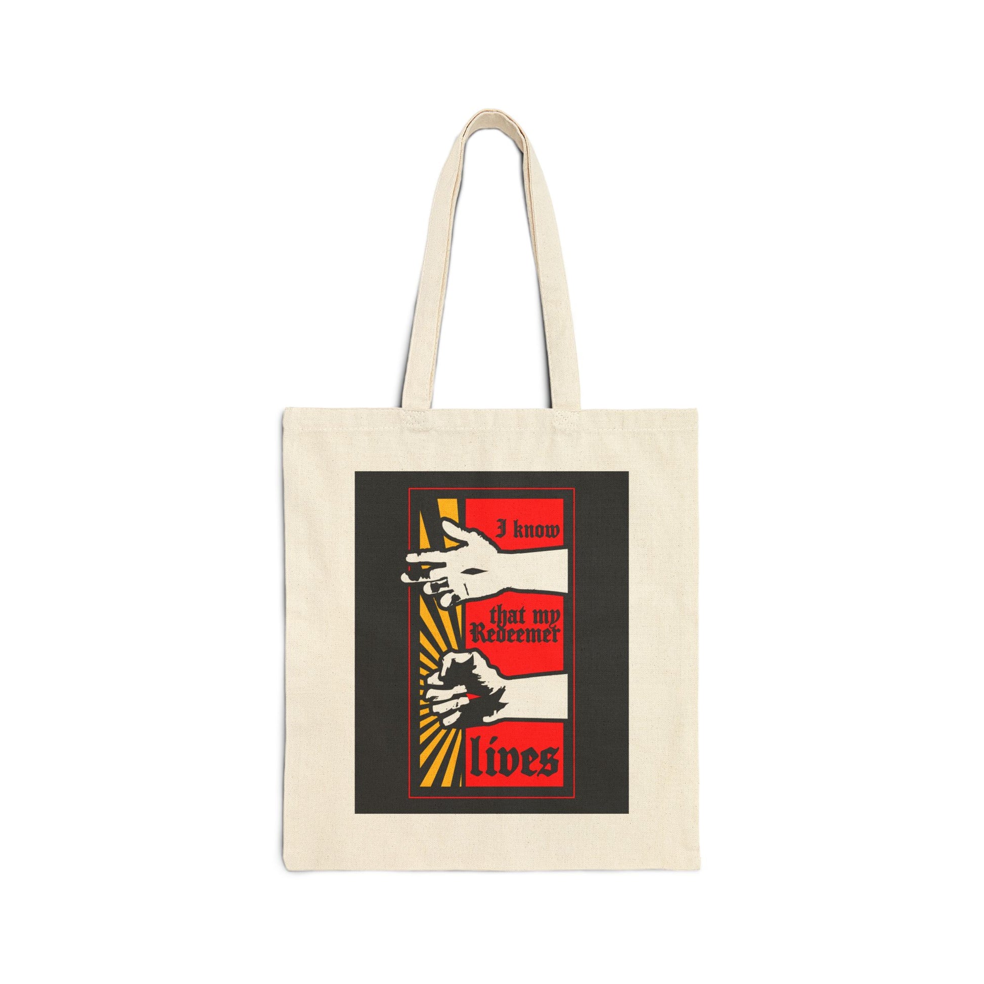 Natural tote bag featuring a comic book style design of the resurrected Jesus' fist with divine power and the text "I Know That My Redeemer Lives" (Job 19:25). Orthodox Christian-inspired.