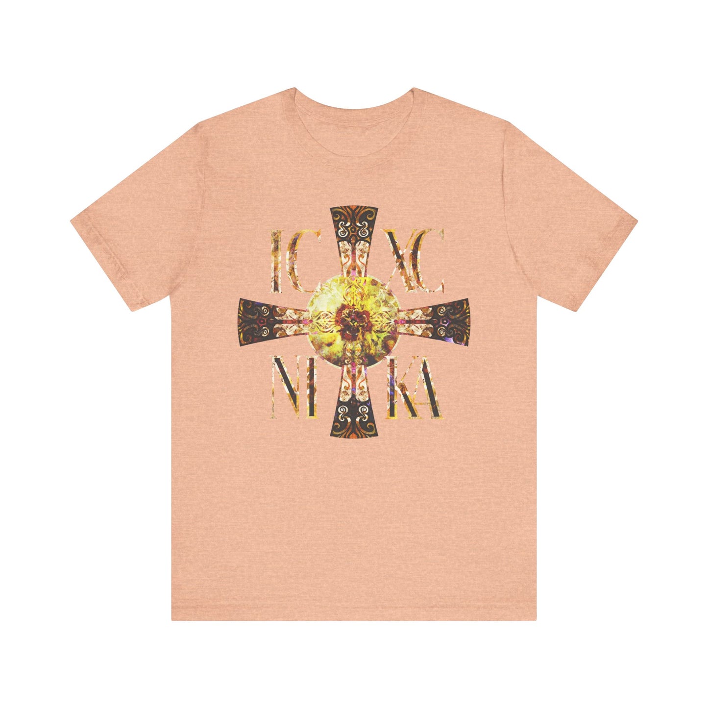 Heather Peach unisex tee featuring the ICXC NIKA Celtic Style Equal Armed Cross with a bright solar texture and stylized lettering, crafted in lightweight Orthodox cotton for comfort.