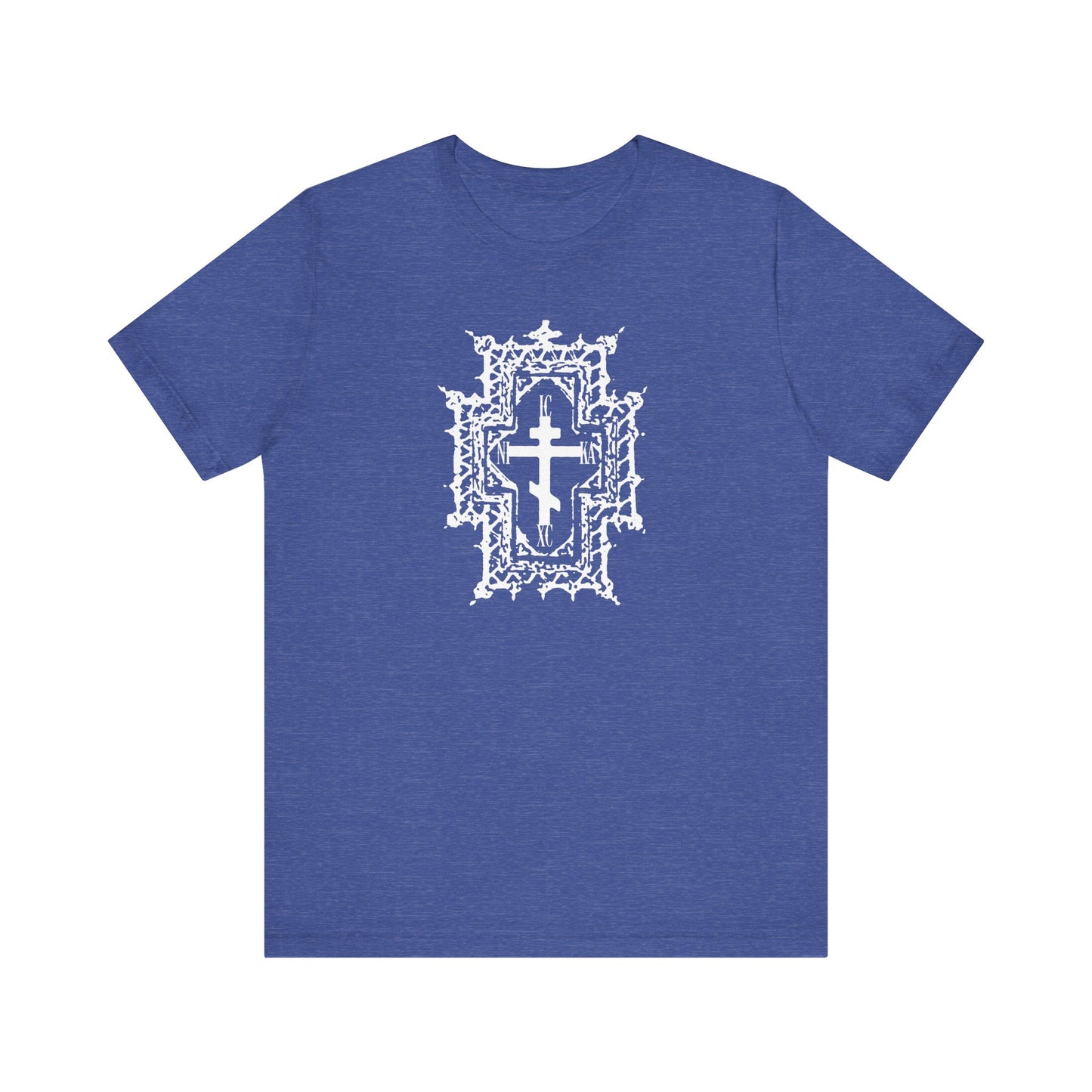 Heather true royal tee with a Gothic cathedral-style Orthodox cross and “ICXC NIKA | Jesus Christ Conquers” design, symbolizing being healed by His wounds. Lightweight cotton, unisex fit.