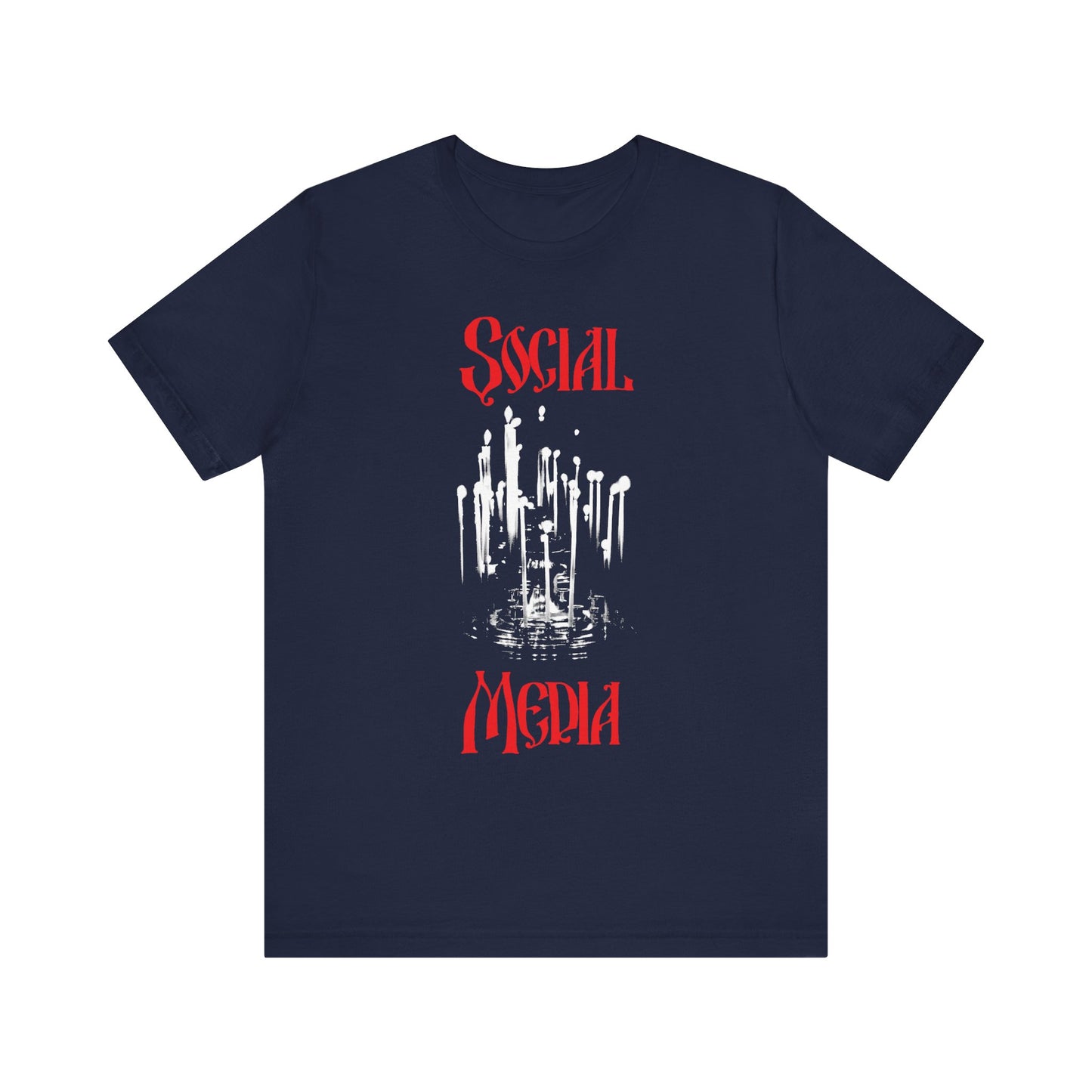 Navy Orthodox Social Media t-shirt featuring bold red lettering and a striking white memorial candle design—an homage to victorious martyrs like St. Cyprian of Carthage; crafted from lightweight cotton for Christian faithful to commemorate loved ones.