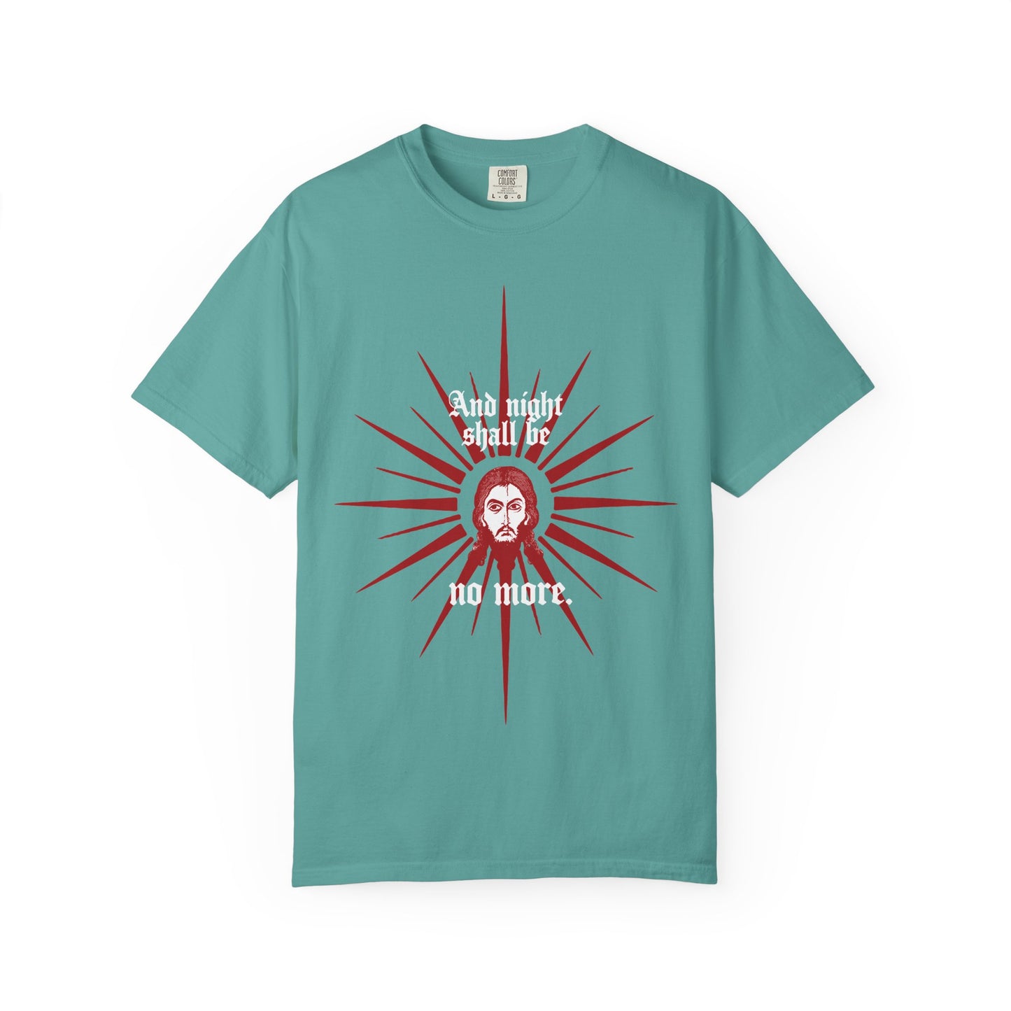 And Night Shall Be No More (Rev 22:5) | Red & White Design | Face of Jesus Christ Icono-Graphic | Orthodox Heavyweight Cotton Unisex Tee