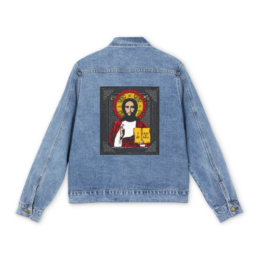 Medium denim wash jacket featuring an ancient Christ Pantocrator icon graphic, with "I AM"—inspired by Exodus 3:14—and "Alpha and Omega" printed, in Orthodox Christian style.