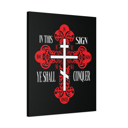 The "In This Sign Ye Shall Conquer" Red Ornate Orthodox Cross wall art features "In Hoc Signo Vinces" and "ICXC NIKA" on a black background, symbolizing Jesus Christ’s victory in spiritual warfare.