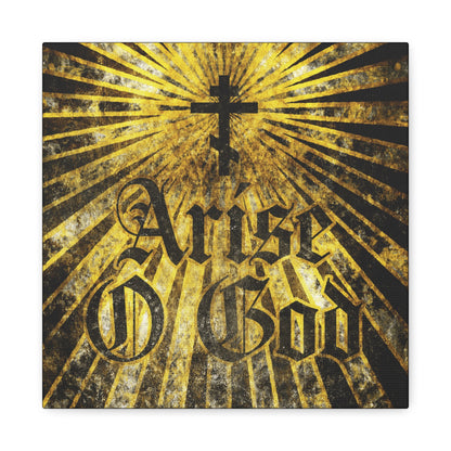 The “Arise O God” wall art features a black Orthodox cross above Psalm 81 (82 LXX) in textured Gothic font, with golden rays radiating outward—Orthodox Christian décor inspired by the Divine Council worldview.