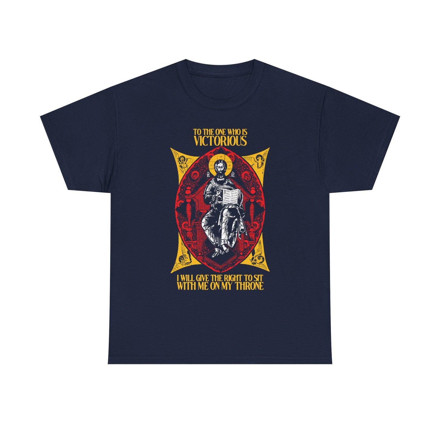 Navy “Christ is King, Enthroned In Glory IconoGraphic” tee featuring Rev 3:21—"To the One Who Is Victorious," symbolizing Christ’s promise to reign with Him. Orthodox Christian unisex midweight cotton shirt.
