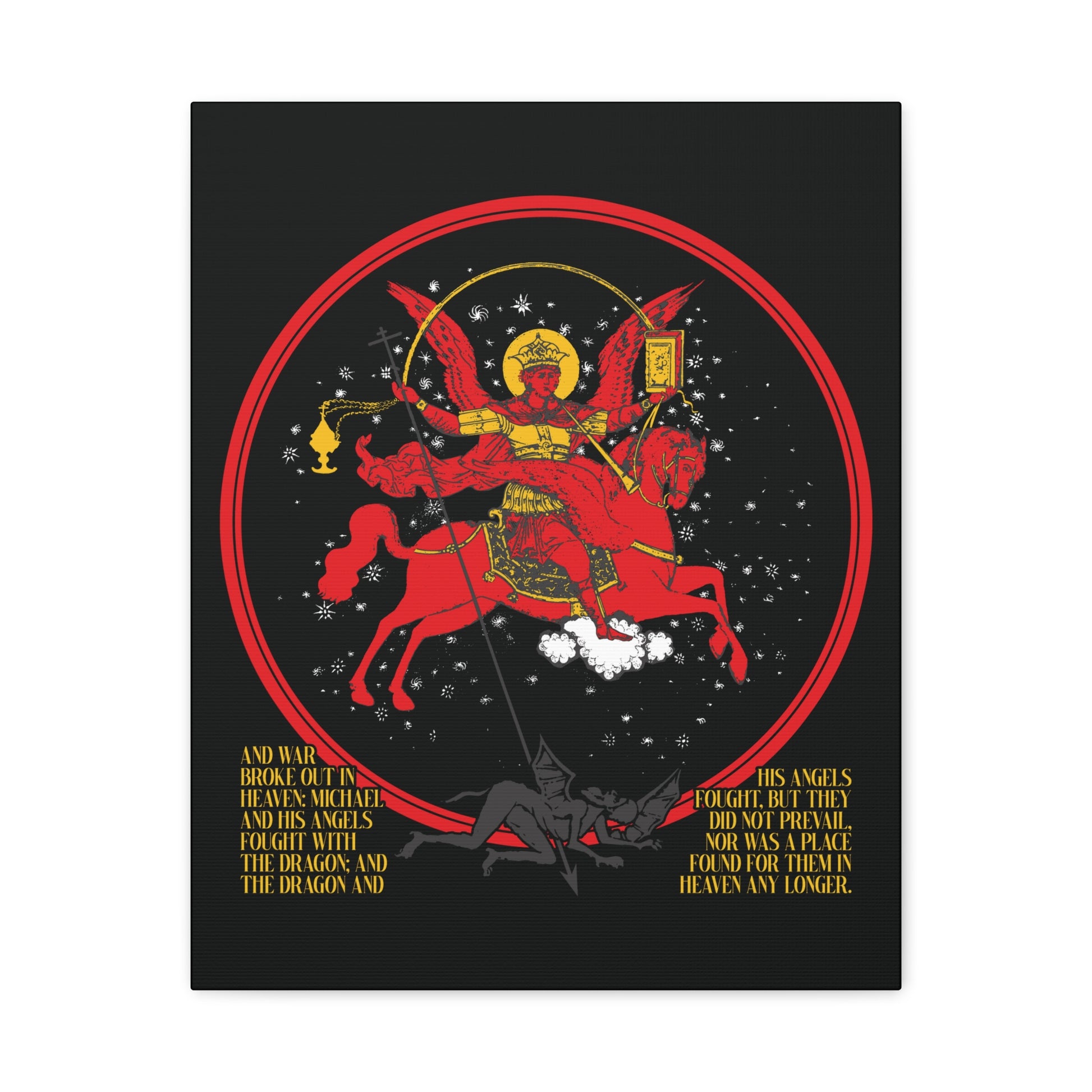 The "Archangel Michael of the Apocalypse Icono-Graphic" Christian canvas art shows Michael with a sword, riding a red horse as he defeats Satan, with gold text on a starry black background. Inspired by Rev 12:7-9—War in Heaven.