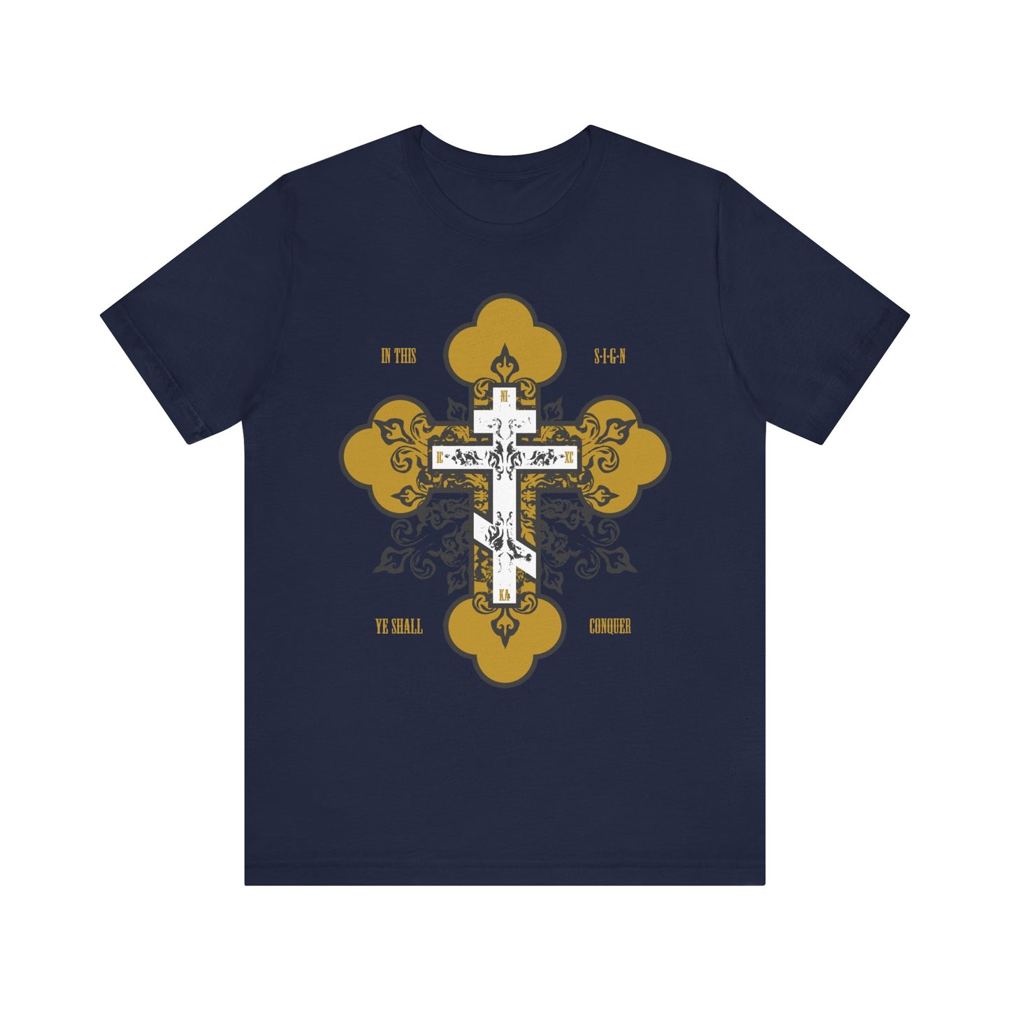 Navy "In This Sign Ye Shall Conquer" tee features a gold & white Orthodox ornate cross and the motto “In Hoc Signo Vinces”—a lightweight cotton unisex shirt inspired by faith and spiritual warfare.
