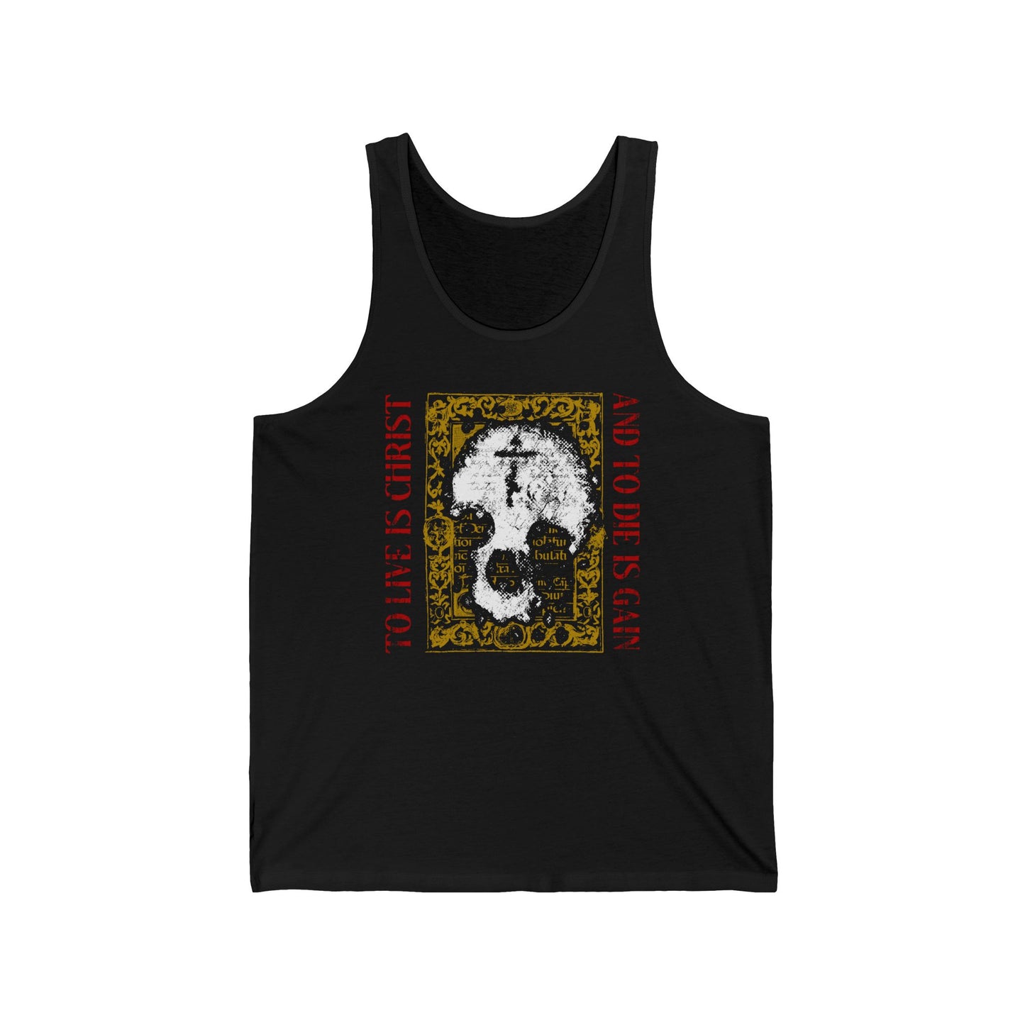 To Live is Christ, to Die is Gain (Philippians 1:21) | Skull with Cross on Gold Manuscript Texture | Orthodox Christian Jersey Tank Top