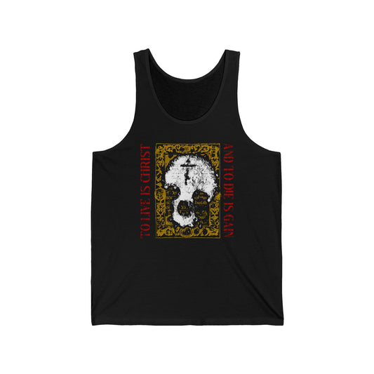 To Live is Christ, to Die is Gain (Philippians 1:21) | Skull with Cross on Gold Manuscript Texture | Orthodox Christian Jersey Tank Top