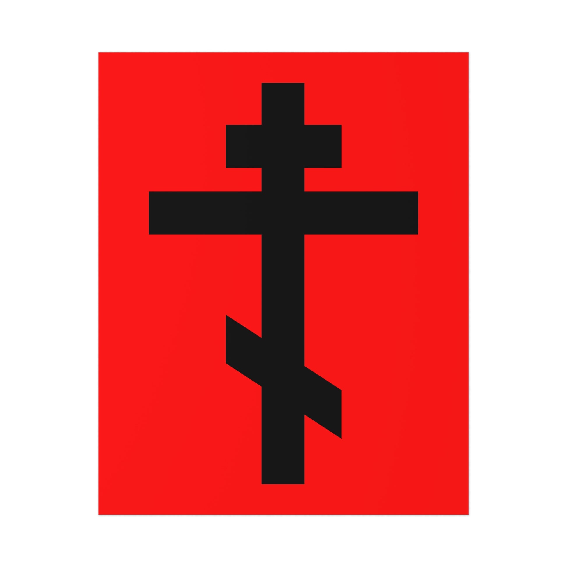 Black Orthodox Cross on red, inspired by St John Chrysostom’s spiritual depth and Matins solemnity. Features Gal 6:14: "May I never boast except in the cross of our Lord Jesus Christ." Orthodox Art Poster.