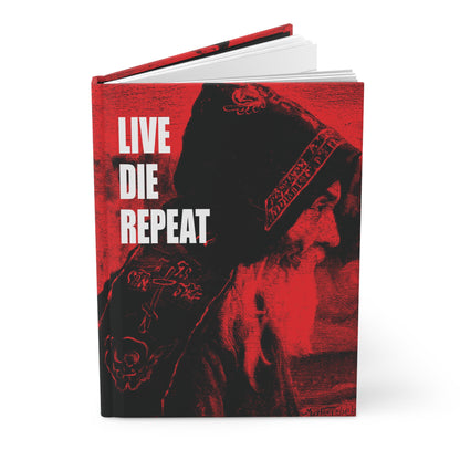 A red and black hardcover journal titled "Live Die Repeat ('Monk' by Mikhail Nesterov)" featuring a hooded figure, inspired by St Antony the Great’s spiritual quote; perfect for Ascetic and Orthodox Christian reflection.