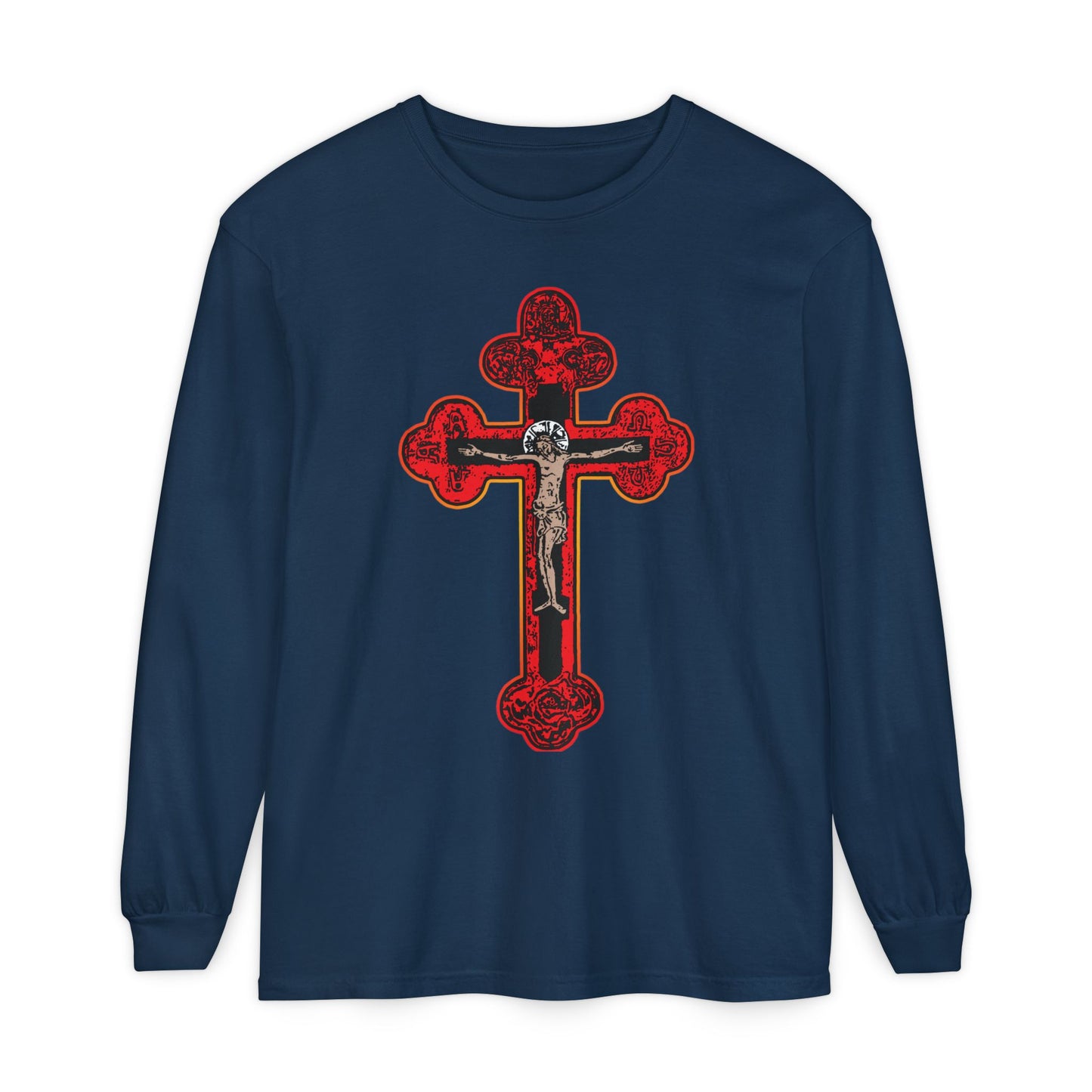 True Navy long sleeve cotton shirt featuring a large red Byzantine Golgotha Crucifix with Alpha & Omega, "I Am Crucified With Christ" design—Red Orthodox Christian graphic on front.