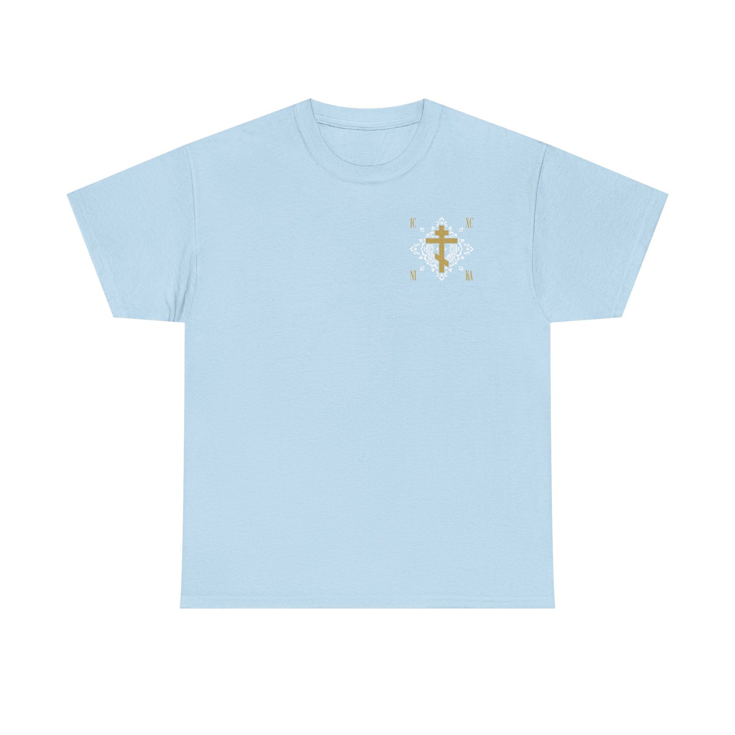 Gold Orthodox Cross ICXC NIKA  (Small Design) | White Medieval Ornate Floral Pattern | Jesus Christ Conquers | Midweight Cotton Unisex Tee