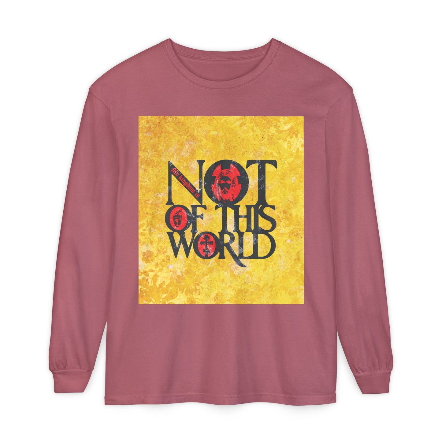 My Kingdom is Not of This World (John 18:36) | Bold Red, Yellow & Black Textured Design with Icon Motifs | Orthodox Christian Long Sleeve Shirt