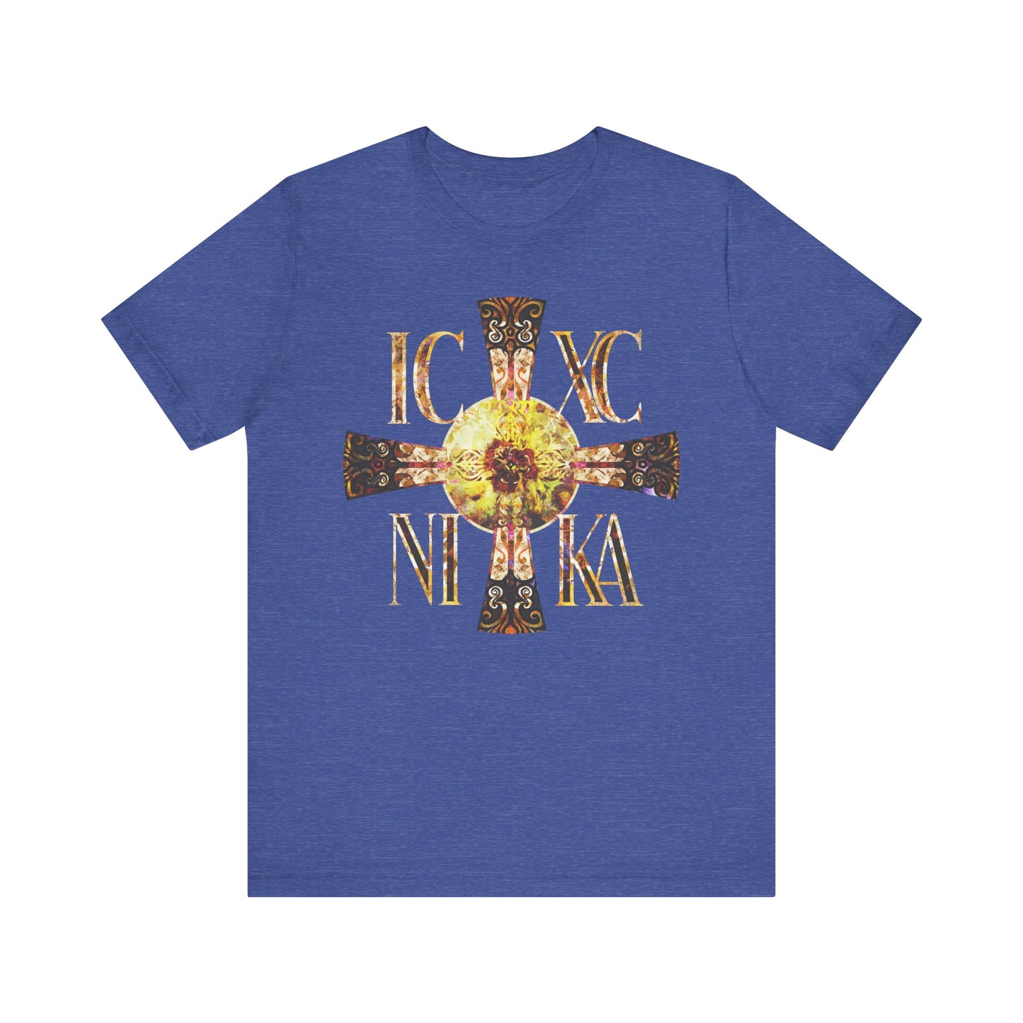 Heather True Royal tee with a Celtic-style equal-armed cross, ICXC NIKA in gold and red, and a bright solar texture symbolizing Christ, honoring the Theotokos. Orthodox lightweight cotton unisex design.