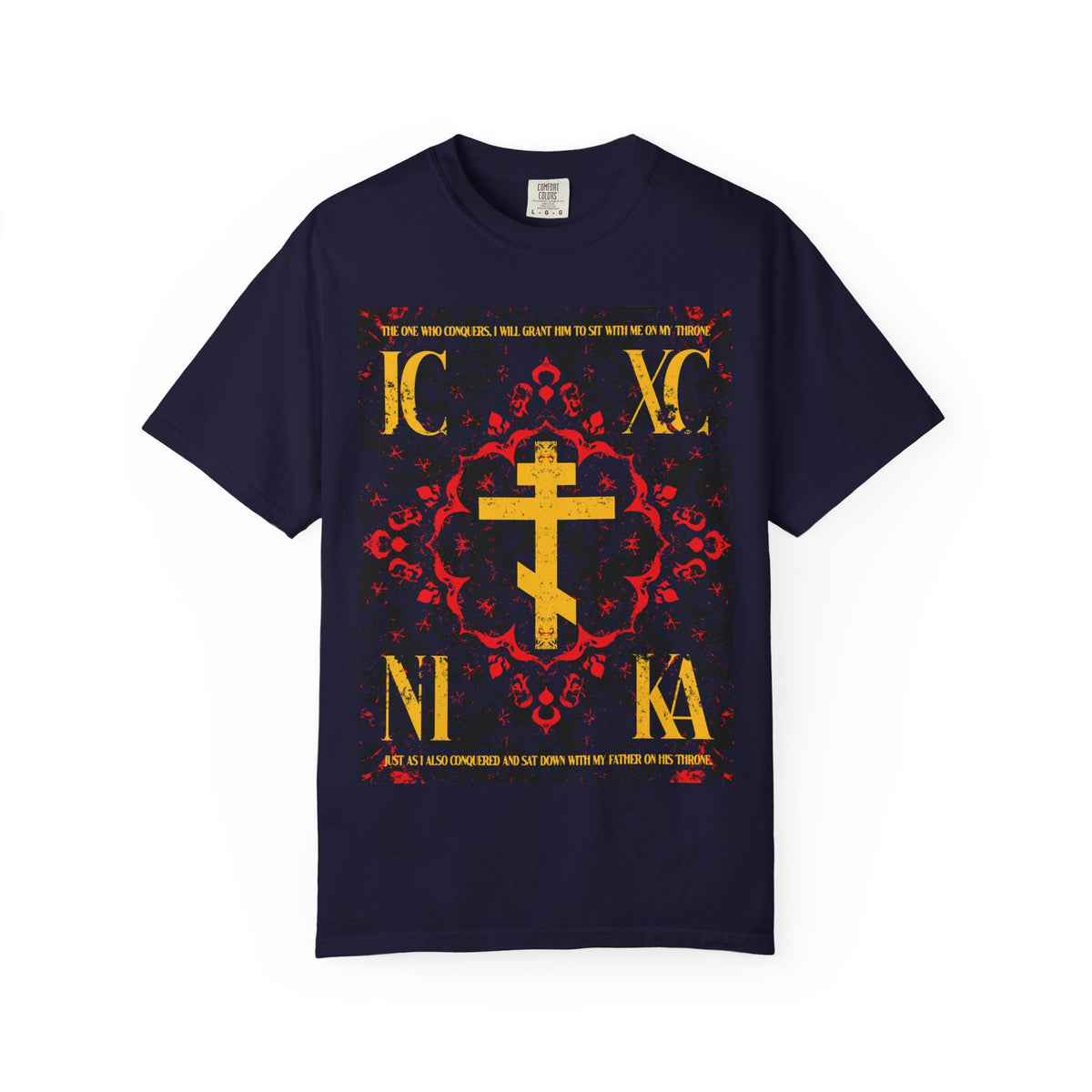 True Navy IC XC NIKA Orthodox Cross heavyweight cotton unisex t-shirt featuring a medieval floral design, ornate red and gold accents, and the Greek letters IC XC NI KA—a vivid symbol of salvation inspired by The One Who Conquers (Revelation 3:21), beautifully blending the grace of God with personal effort.