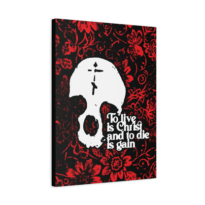 To Live is Christ To Die is Gain (Phil 1:21) | Skull with Cross on Red Floral Texture | Orthodox Christian Canvas Art