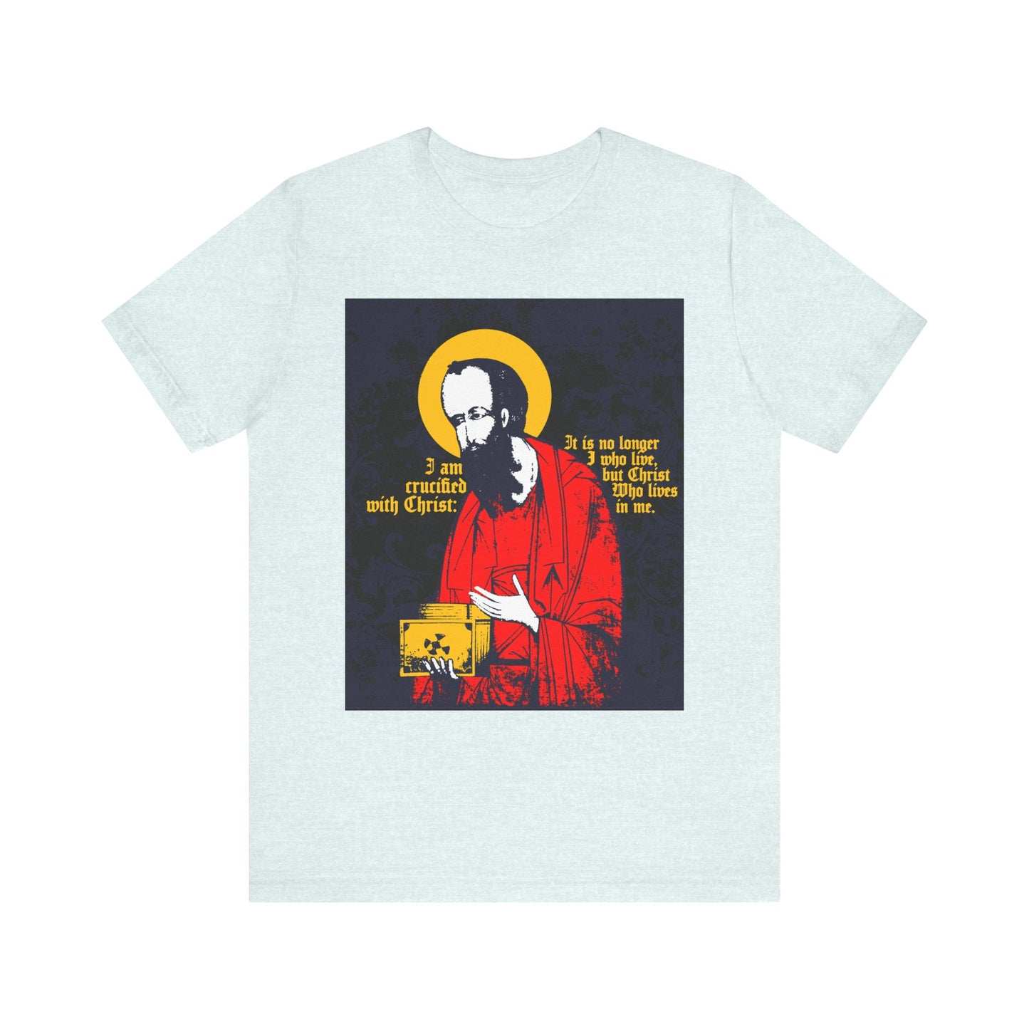 Heather ice blue Orthodox Christian lightweight cotton unisex tee featuring iconographic artwork of St Paul holding the Gospel and the text "I am crucified with Christ" (Galatians 2:20) in yellow, celebrating new life in Christ.