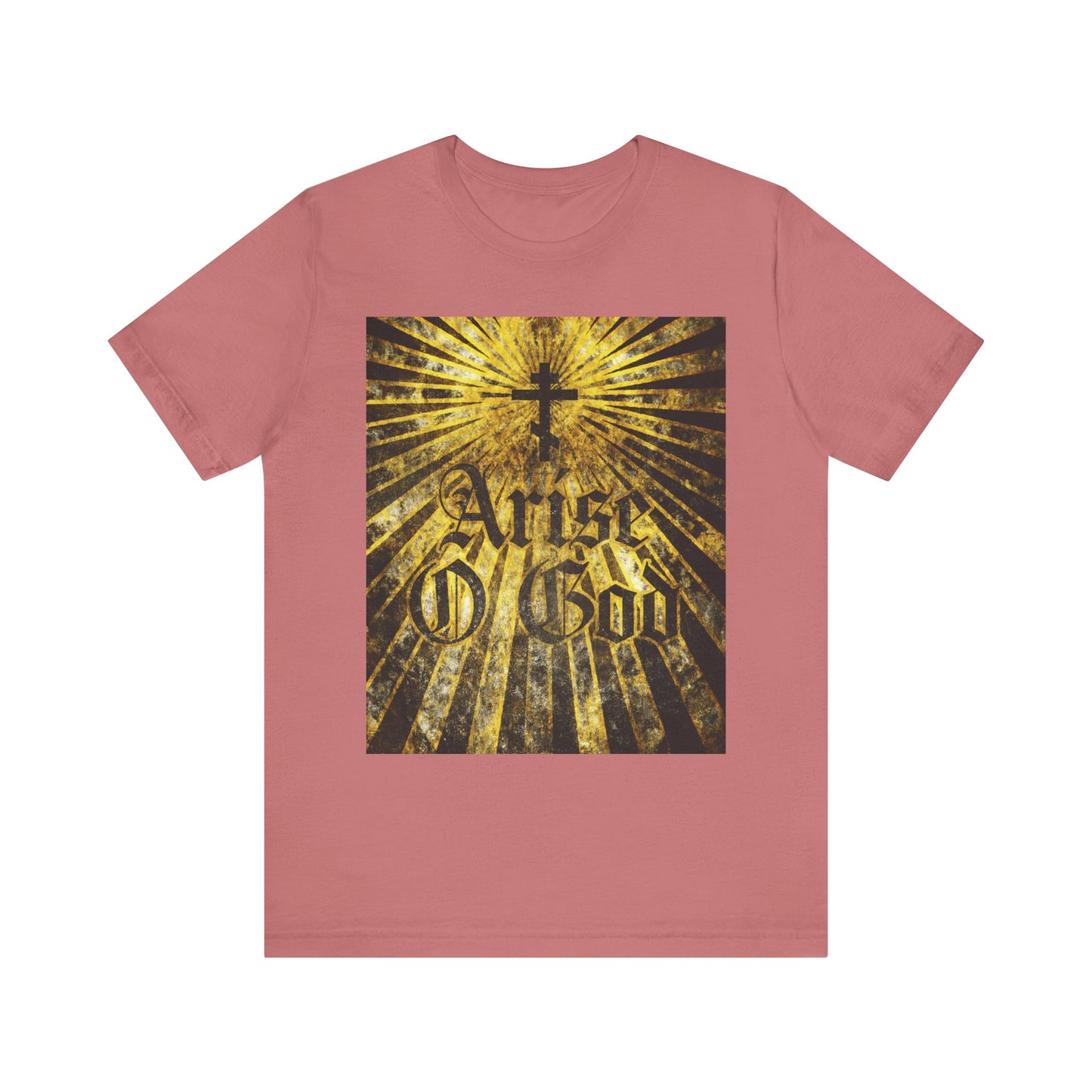 Mauve "Arise O God" unisex cotton tee featuring Psalm 81 (82 LXX), Orthodox cross, golden rays, and gothic font—Divine Council theme—textured front design.