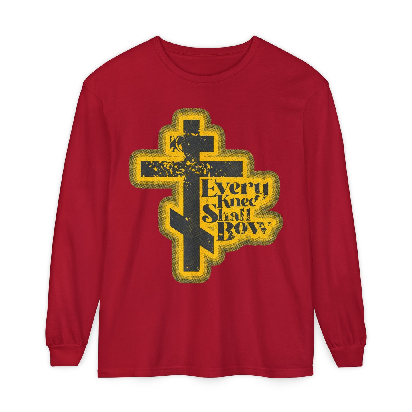 Red long sleeve shirt featuring a yellow Orthodox cross and "Every Knee Shall Bow" text on the front, inspired by Philippians 2:10-11 and Isaiah 45:23, with a 70s distressed halftone comic book aesthetic.