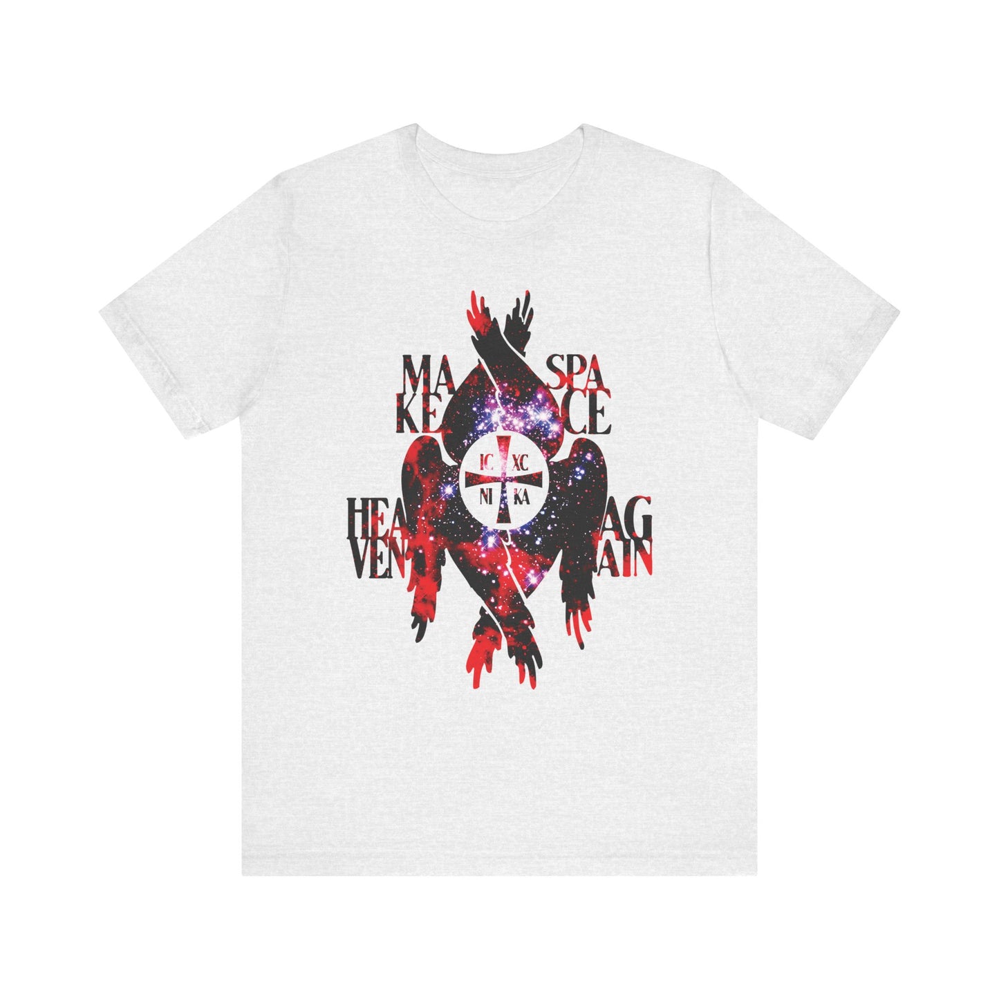 Ash t-shirt featuring a cosmic textured ICXC NIKA cross, seraphim wings, and the words "Make Space Heaven Again"—invoking the creation of the heavens and the gentle presence of angels and archangels within its celestial Orthodox Christian design.