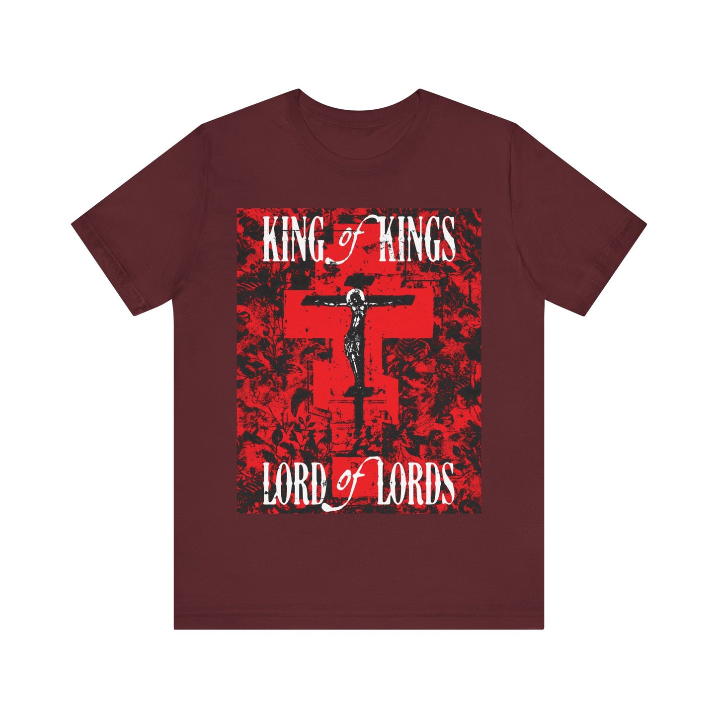 King of Kings, Lord of Lords | Christ Crucified Icono-Graphic | Red Cross Nature Texture w/ White Text | Christian Cotton T-Shirt