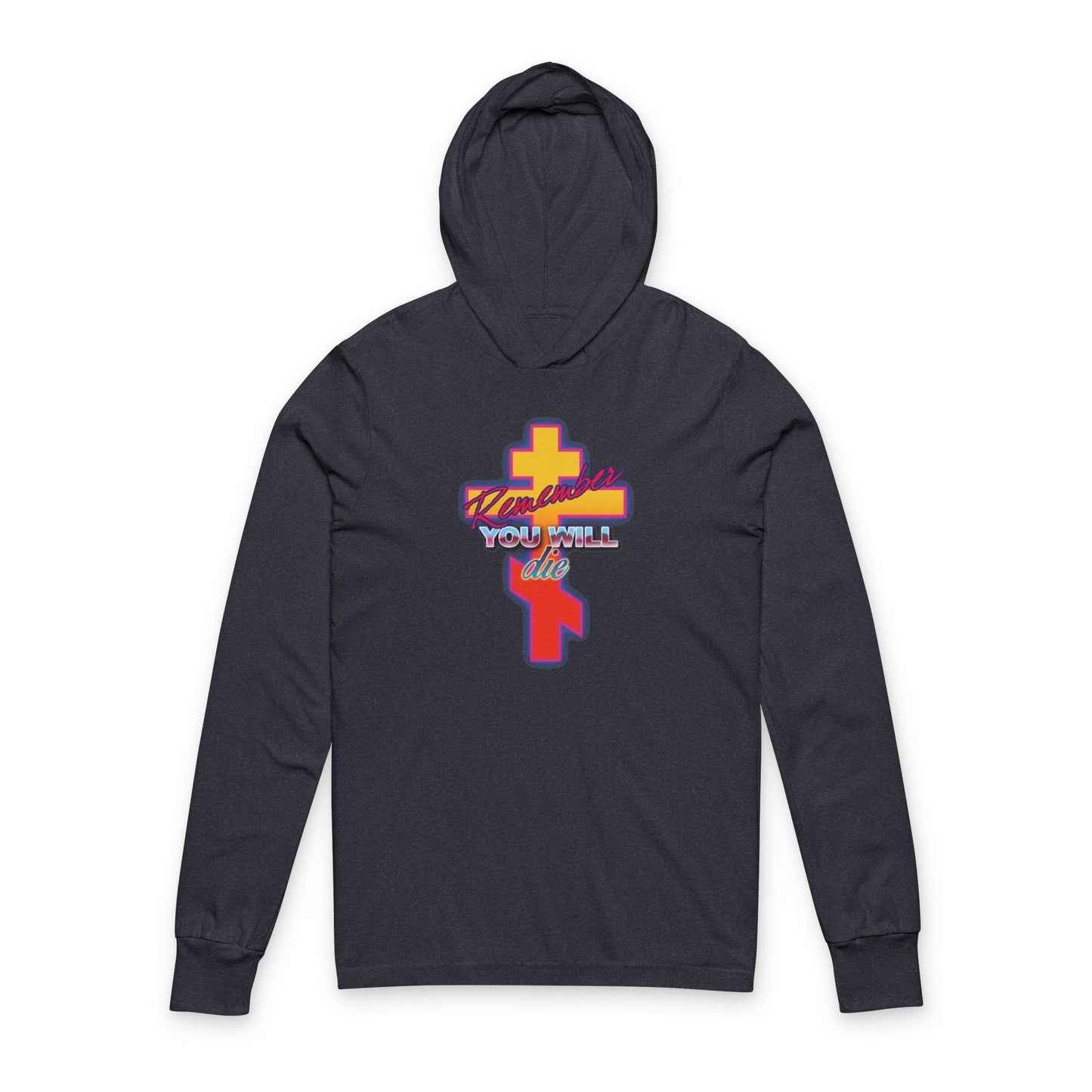 Heather navy hooded cotton shirt with a glowing synthwave retro Orthodox cross and priestly hands, featuring the text "Remember You Will Die" and "Yamoussoukro YOU WILL" on the front.