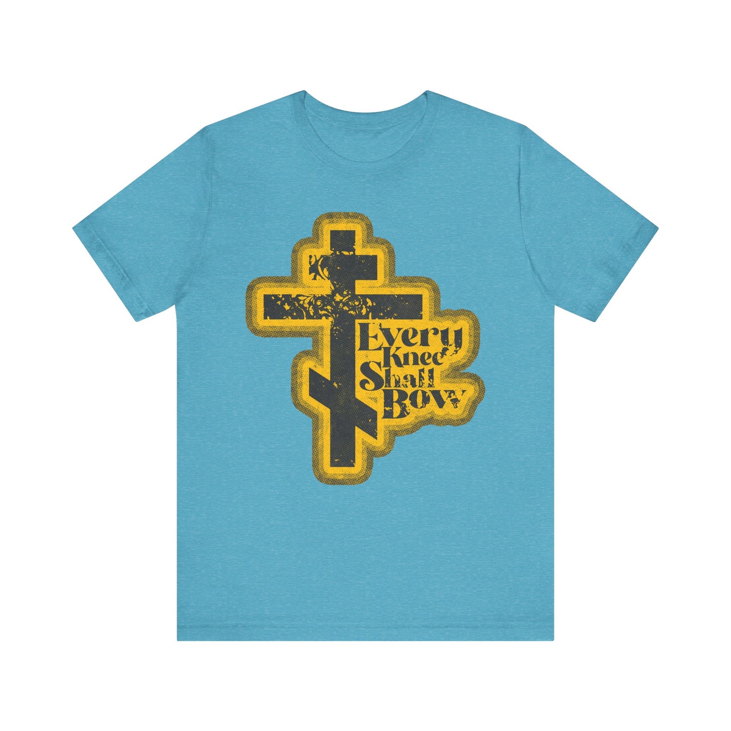 Heather Aqua tee featuring a 70s distressed halftone comic book design with "Every knee shall bow," inspired by Philippians 2:10-11 and Isaiah 45:23. Lightweight cotton, unisex fit.