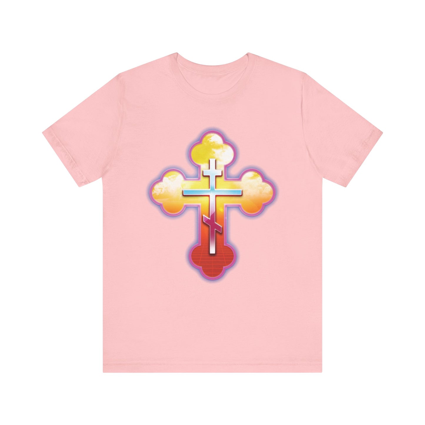 80s Synthwave Retrowave Outrun Aesthetic | Glowing & Reflective Gold & Red Three-Bar Cross | Lightweight Cotton Unisex Tee