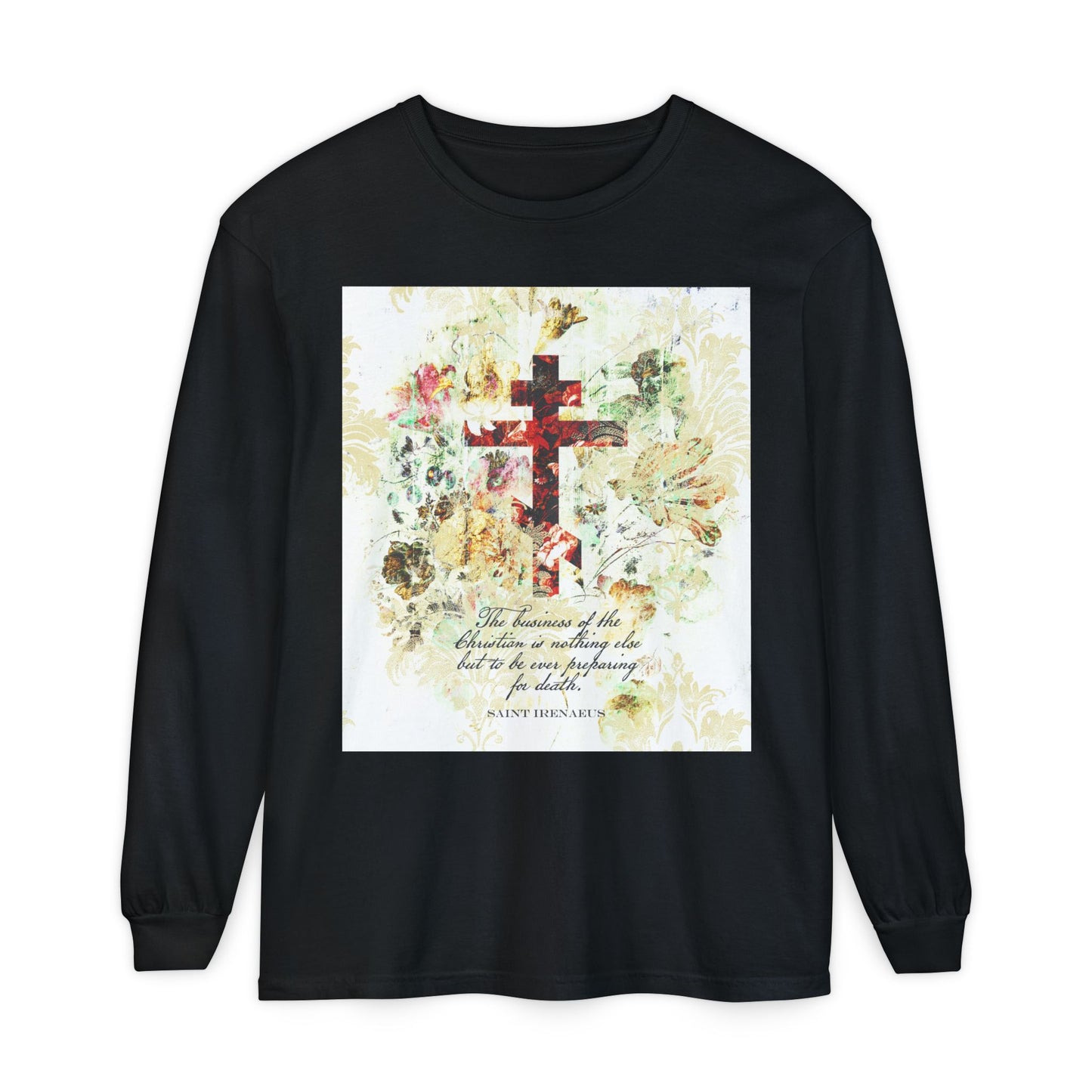 Preparing For Death | White & Beige Floral Scrapbook Texture Cross | Arts & Crafts Style | St Irenaeus | Orthodox Christian Long Sleeve Shirt