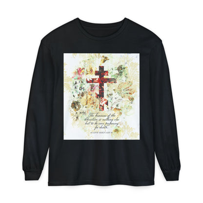 Preparing For Death | White & Beige Floral Scrapbook Texture Cross | Arts & Crafts Style | St Irenaeus | Orthodox Christian Long Sleeve Shirt