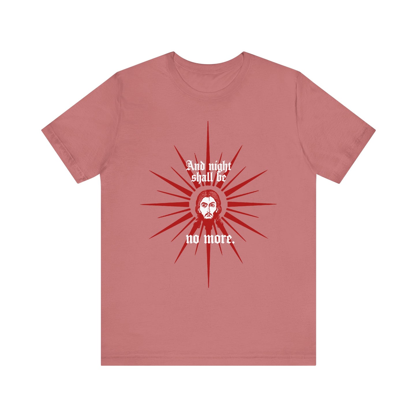 Mauve unisex tee, lightweight cotton, features a red & white Jesus face icon with "And Night Shall Be No More" (Rev 22:5) design—Orthodox inspired and symbolizing everlasting light.