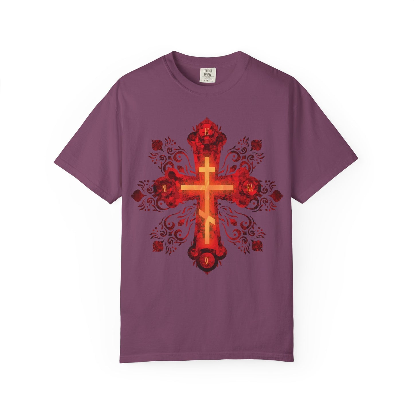 Berry-colored heavyweight cotton unisex tee featuring a red and gold ornate Russian style precious and life-giving Orthodox cross, symbolizing Christ who was pierced for our transgressions, inspired by the journey of a Christian warrior toward their heavenly homeland.