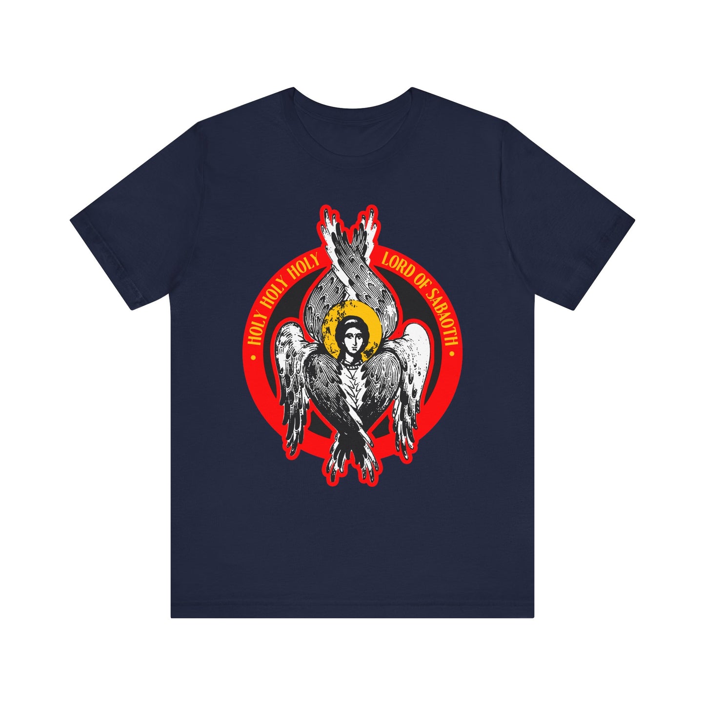 Navy unisex tee with a seraphim angel graphic and bold "Holy Holy Holy, Lord of Sabaoth" text, inspired by Isaiah 6. Lightweight cotton.