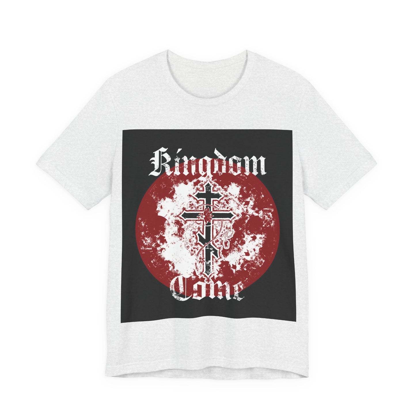Ash t-shirt featuring "Thy Kingdom come" text and an Orthodox Cross with vine over a distressed red and white circular background. Part of the Kingdom Come | Lord's Prayer Orthodox Christian unisex cotton collection.