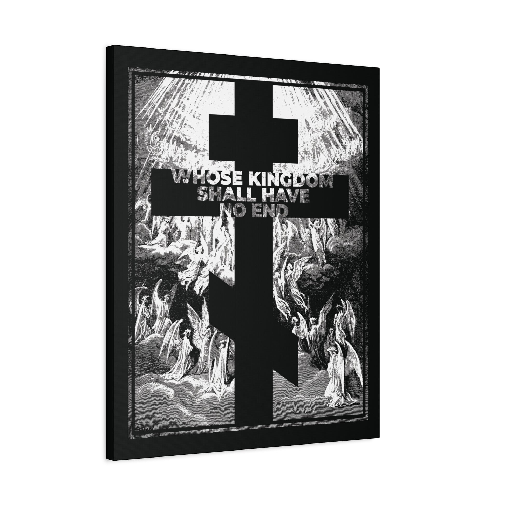Featuring Gustave Dore’s etching, this Orthodox wall art depicts black cross-over angels with rays of light and the text “WHOSE KINGDOM SHALL HAVE NO END”—inspired by the Nicene Creed from Revelation and the Symbol of Faith.