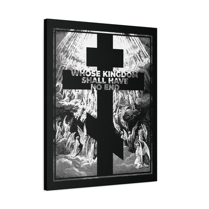 Featuring Gustave Dore’s etching, this Orthodox wall art depicts black cross-over angels with rays of light and the text “WHOSE KINGDOM SHALL HAVE NO END”—inspired by the Nicene Creed from Revelation and the Symbol of Faith.