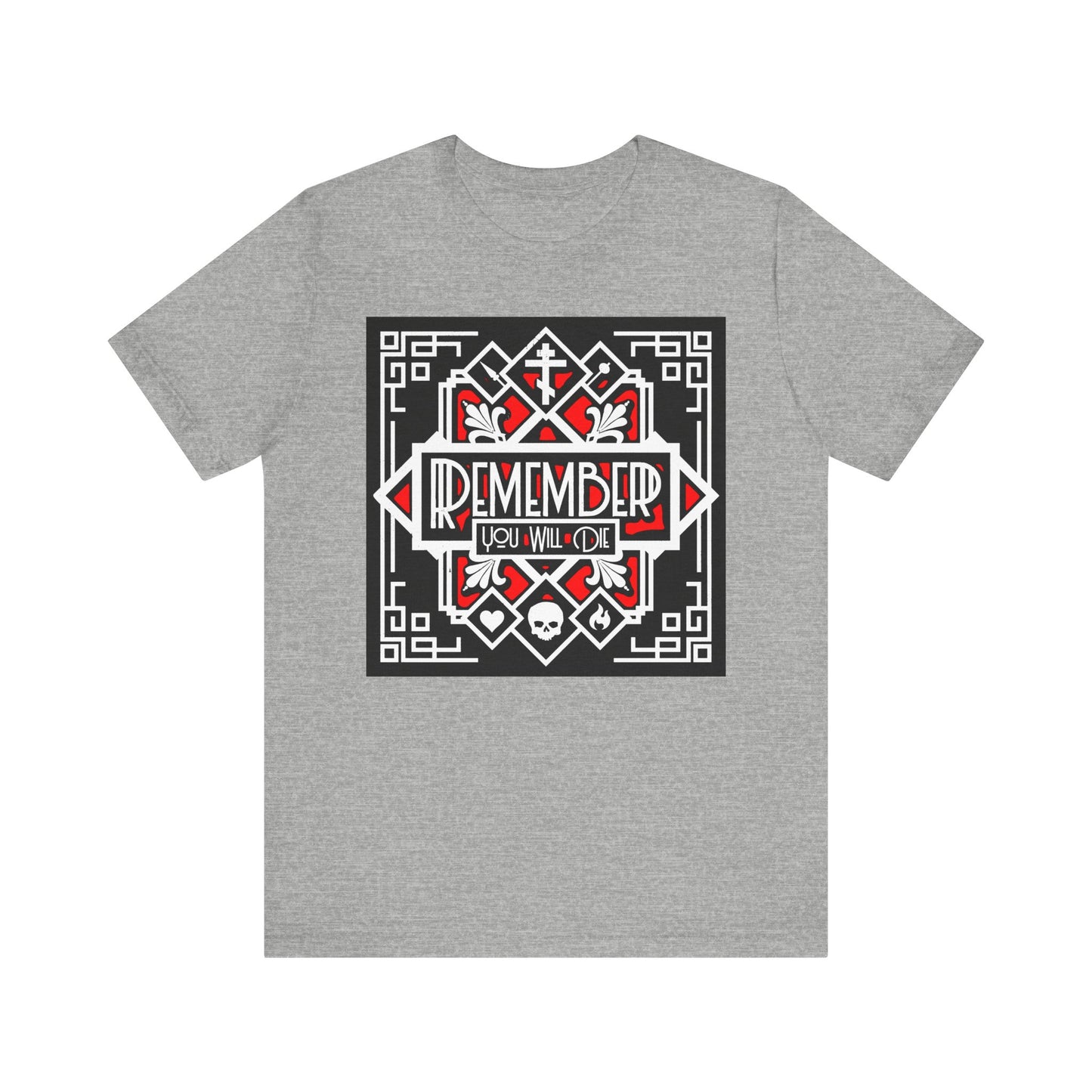 Athletic Heather t-shirt featuring a bold red and white Art Deco design with the text “Remember You Will Die” on the front—an eye-catching Memento Mori piece with heart, skull, and fire imagery that draws on Orthodox Christian tradition and echoes the wisdom of St Ignatius Brianchaninov.