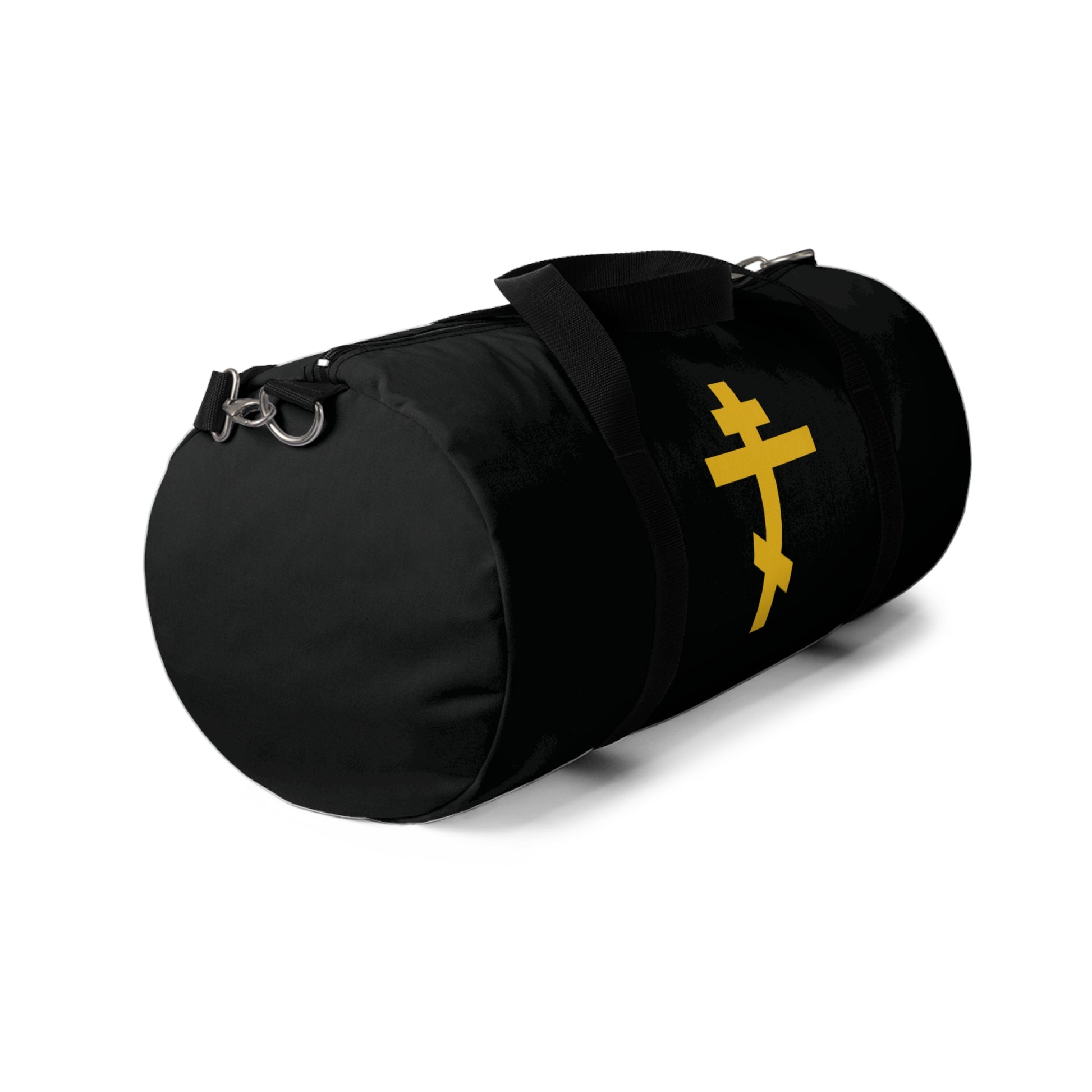 Black gym duffel bag featuring a yellow Orthodox cross on a black background, inspired by the Precious and Life-Giving Weapon of Unseen Warfare. Product: Orthodox Christian Gym Duffel Bag.