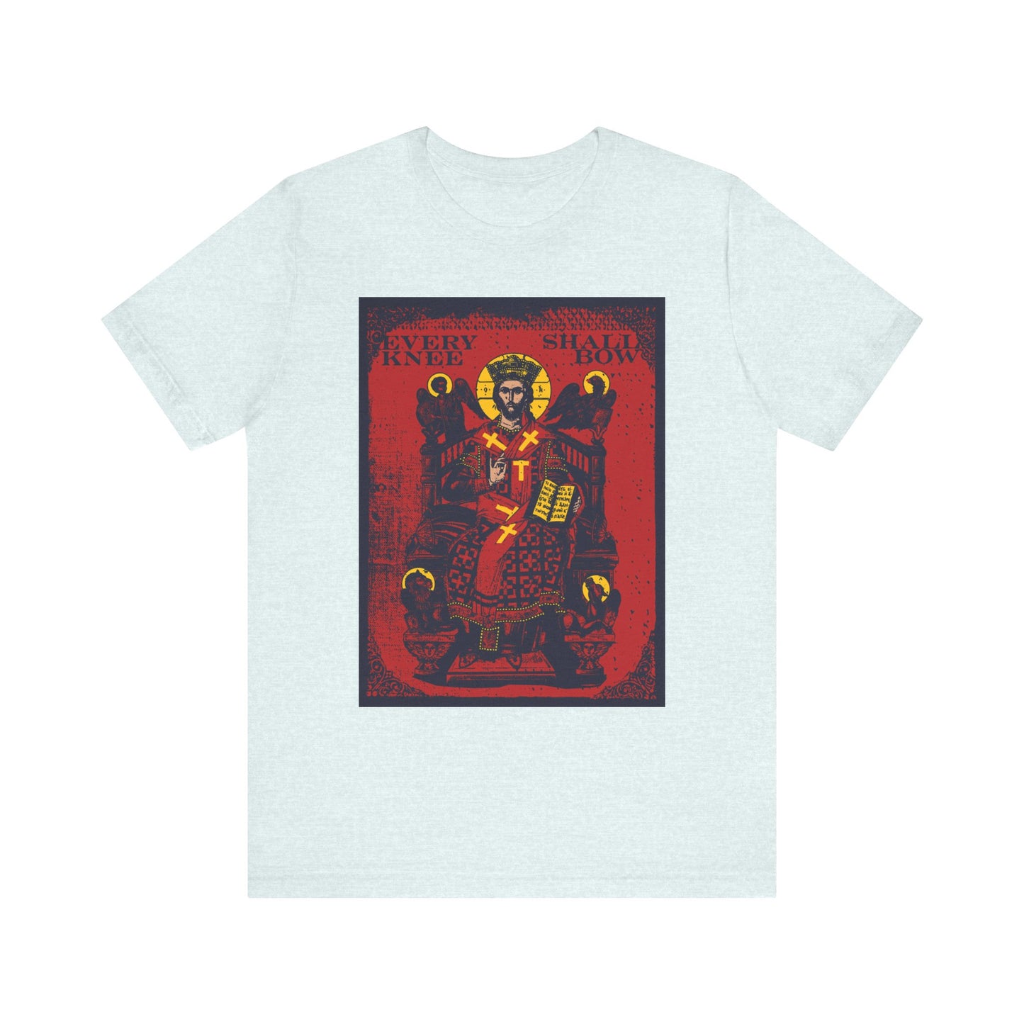 Heather Ice Blue unisex t-shirt featuring a red and black crowned Christ Enthroned graphic with "Every Knee Shall Bow," inspired by Phil 2:8-11, Isaiah 45:23, and Ezekiel's Chariot. Lightweight cotton.