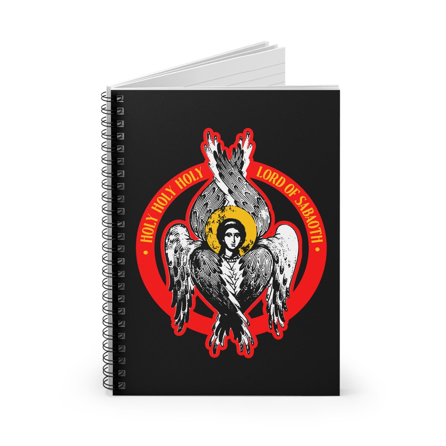 Orthodox spiral notebook featuring a Seraphim angel icon inspired by Isaiah 6, with bold red "Holy Holy Holy, Lord of Sabaoth" text. Part of the Unseen Realm collection.