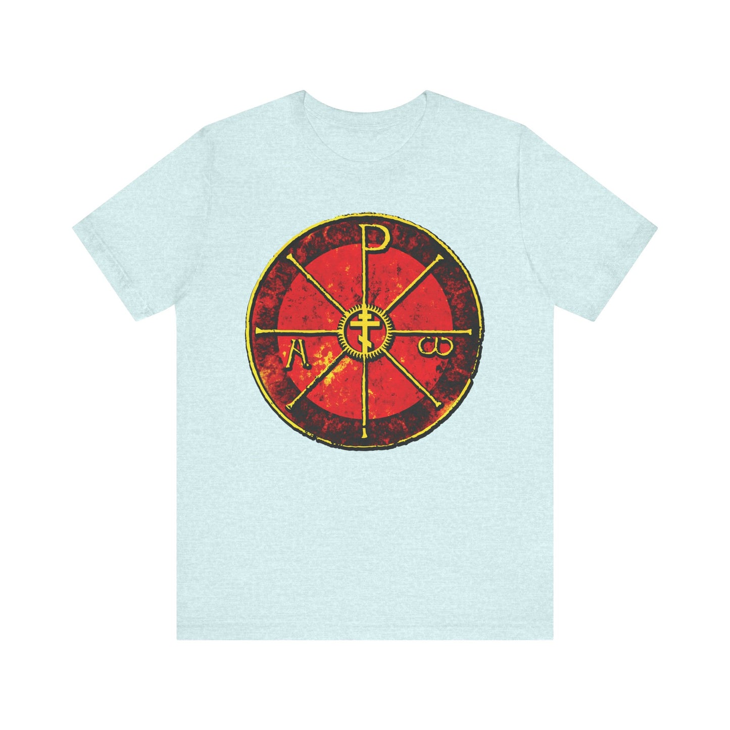 Heather Prism Ice Blue lightweight cotton t-shirt featuring the Alpha & Omega Chi Rho Orthodox Cross—an ancient Christogram with Greek letters and a cross, as seen in the Duomo di Milan. "In This Sign Ye Shall Conquer" design.