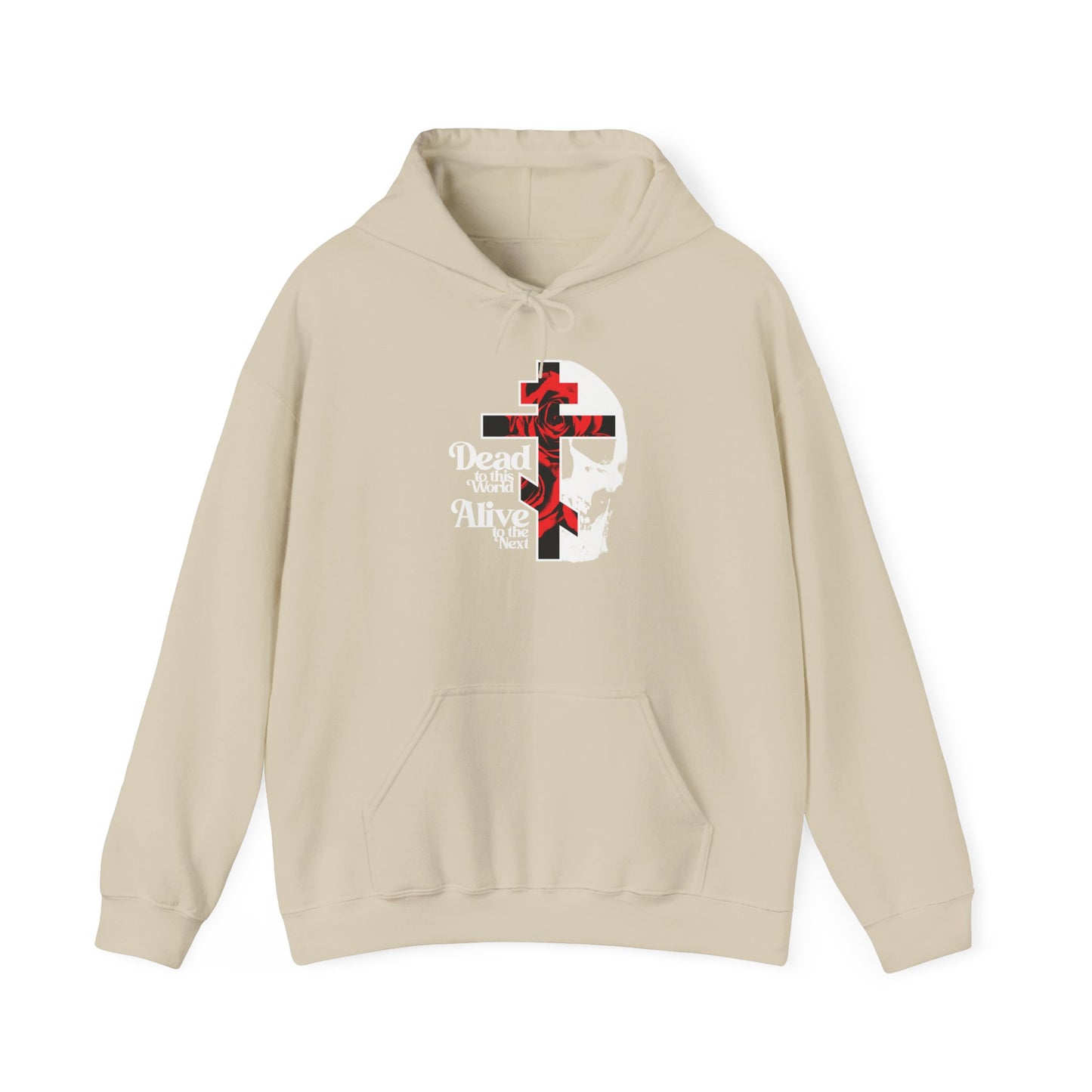Sand-colored "Dead to this World" hoodie featuring a Christian goth flower cross and skull graphic with ‘70s typography. Inspired by Orthodox Christian themes of spiritual transformation and renunciation, the design displays the text: ‘Dead or Alive, Your Move, Next.’.