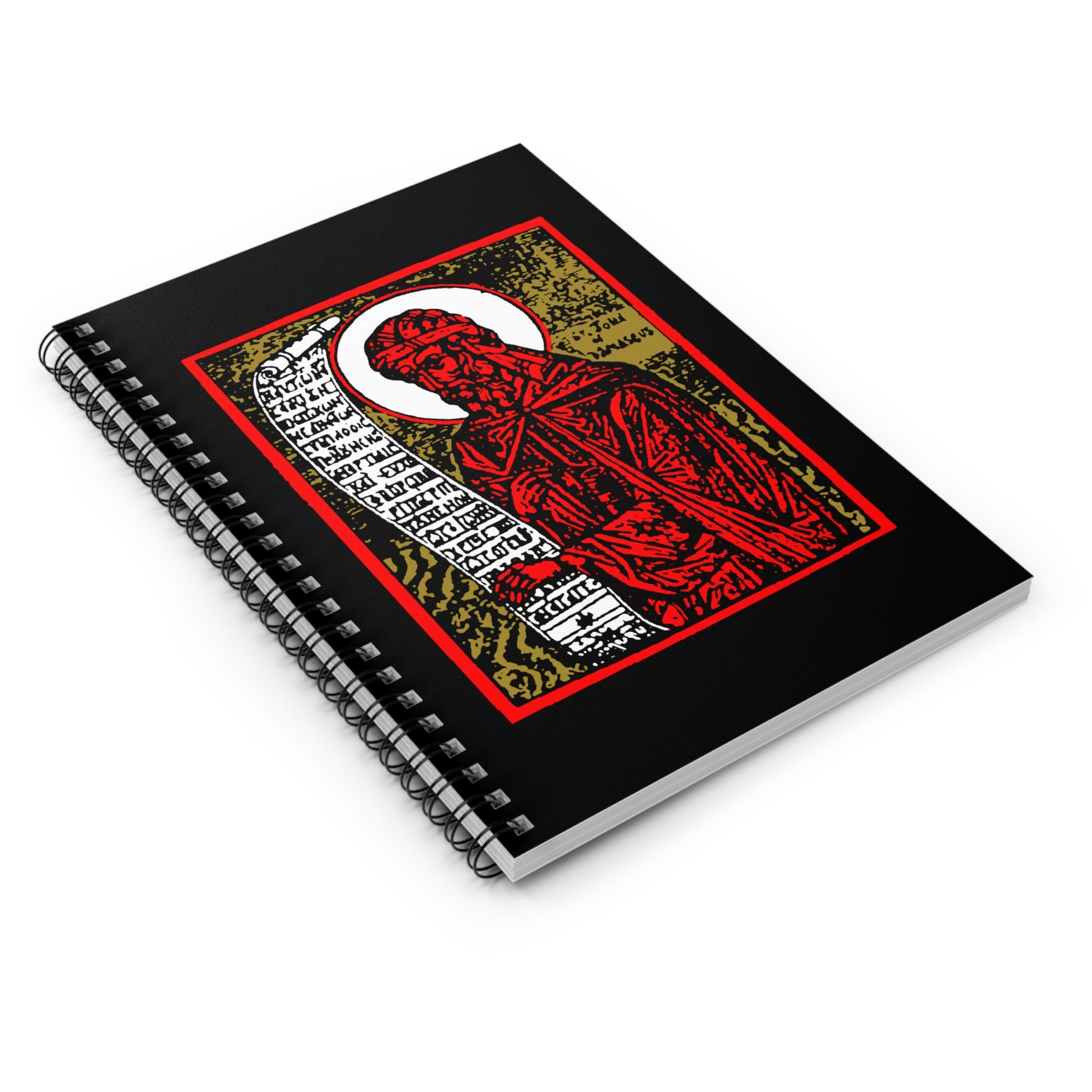 The St. John of Damascus Icono-Graphic Spiral Notebook features a red, gold, and black high-contrast Orthodox Christian saint design inspired by the hymn composer, perfect for faith-based note-taking.