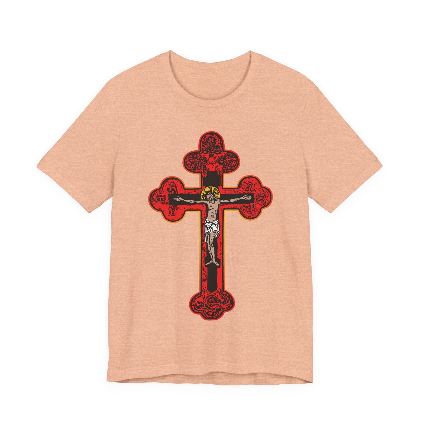 The Heather Peach Red Orthodox Christian Crucifix tee features a large Byzantine Golgotha Cross with Alpha & Omega, “I Am Crucified With Christ,” making it a unique unisex cotton shirt inspired by faith and healing.