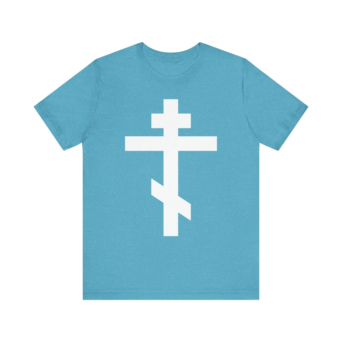 Heather aqua unisex cotton tee featuring a large white Orthodox Cross centered on the front, inspired by the message "By the power of Thy Cross do Thou preserve Thy people" and the teachings of St. John of Kronstadt.