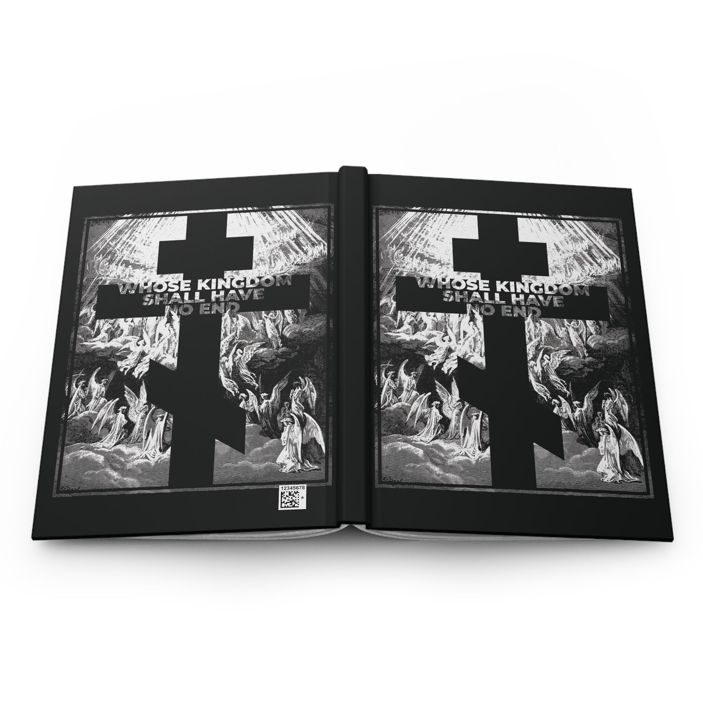 The "Whose Kingdom Shall Have No End" Orthodox Blank Journal features Gustave Doré's etching of an open book with a black cross and the Nicene Creed phrase, symbolizing the Christian faith’s enduring promise.