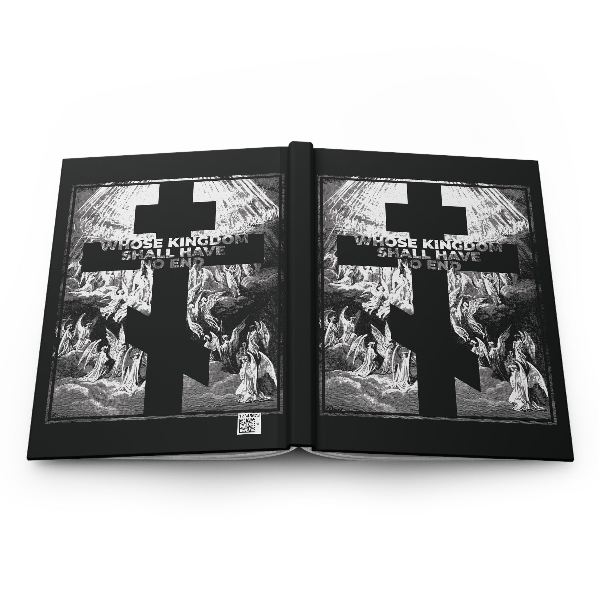 The "Whose Kingdom Shall Have No End" Orthodox Blank Journal features Gustave Doré's etching of an open book with a black cross and the Nicene Creed phrase, symbolizing the Christian faith’s enduring promise.