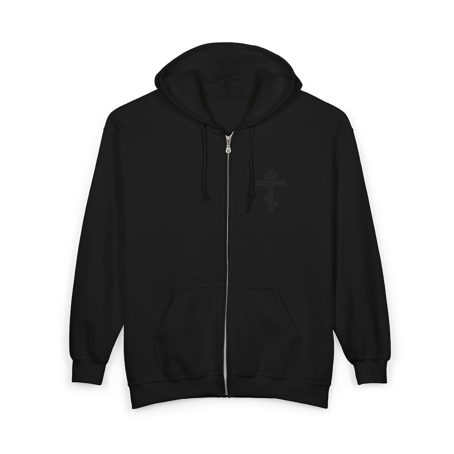 Black On Black Embroidered Orthodox Cross | Preserve Thy People By Thy Cross, O Lord | Christ is King | Christian Full-Zip Hoodie