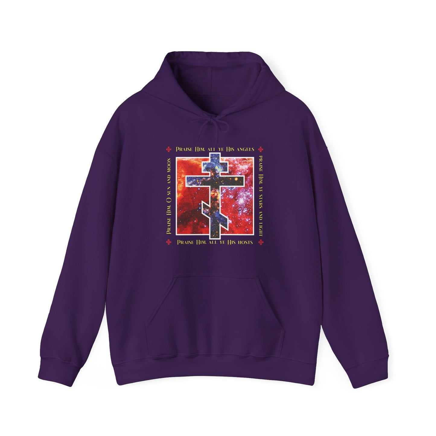 The purple "Praise Him All Ye His Angels, Praise Him Ye Stars and Light" hoodie features a cosmic Orthodox cross design and inspiring Christian text, perfect for athleticwear.